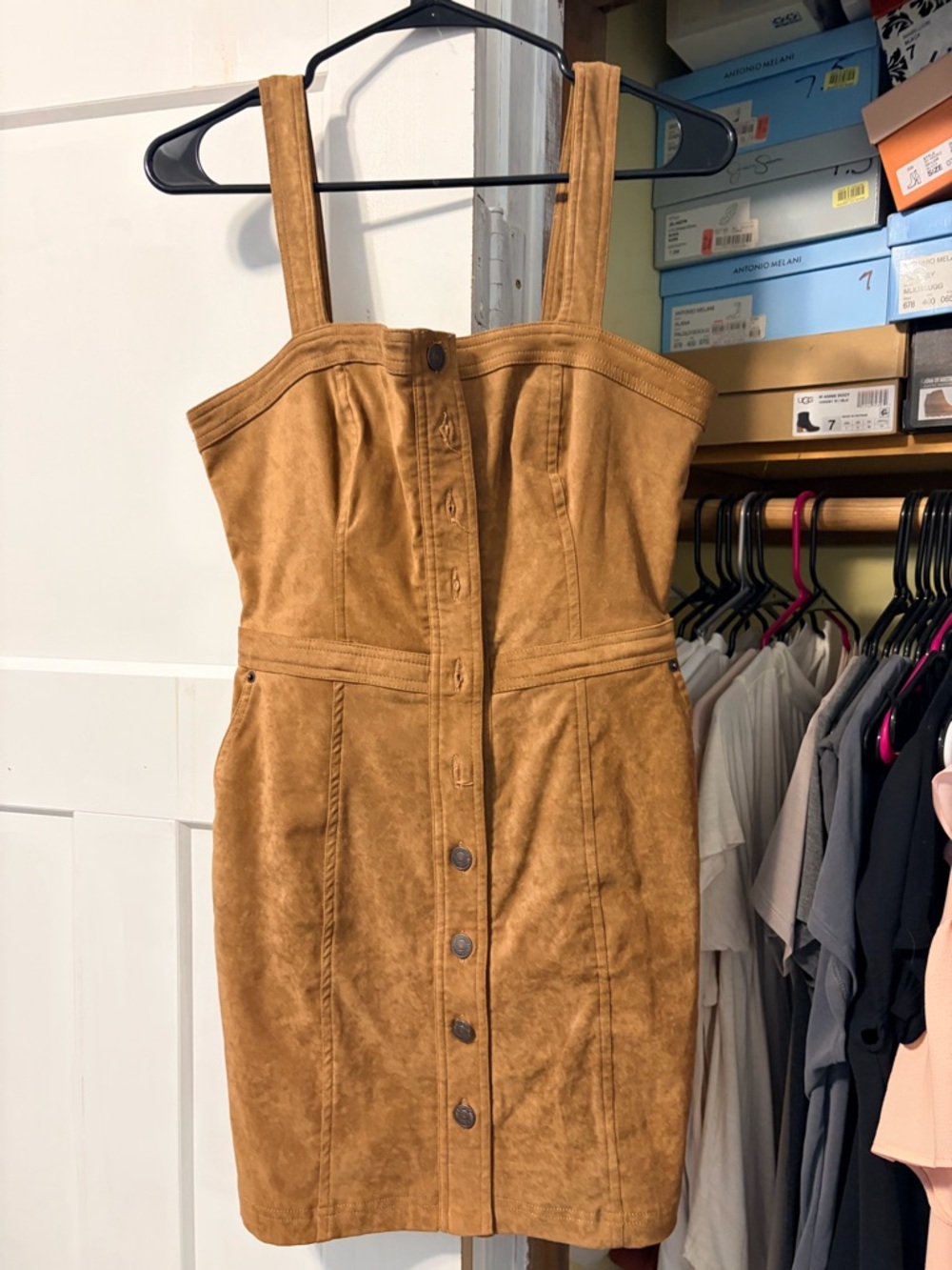 Abercrombie & Fitch Camel Suede-Look Button Front Mini Dress